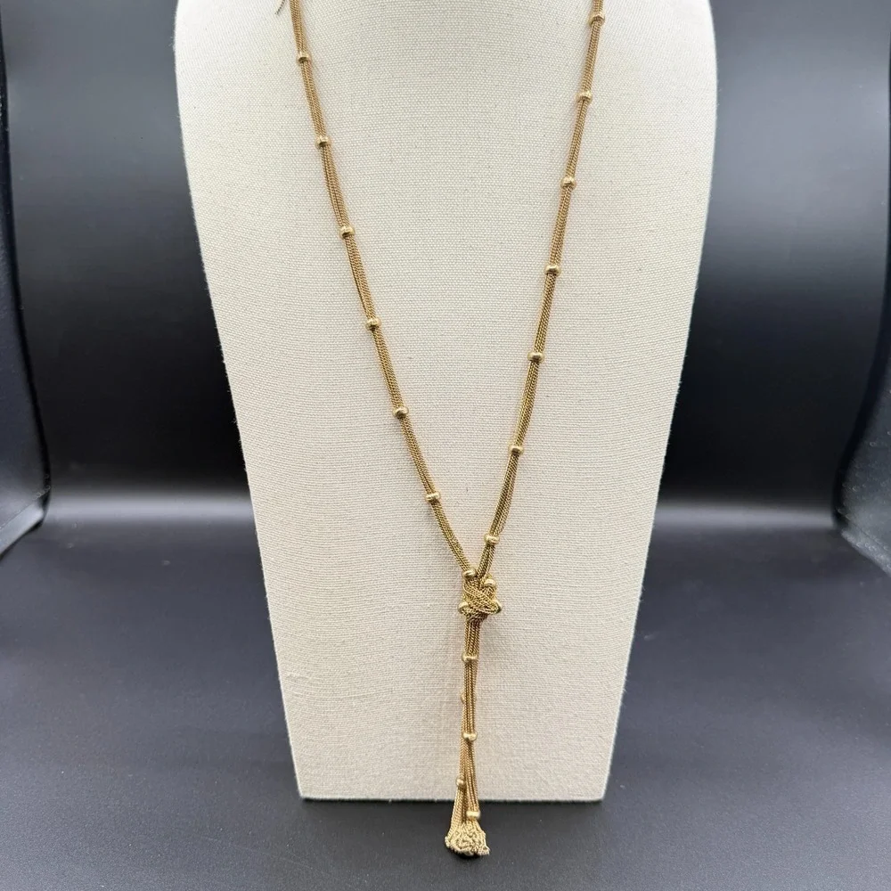Gold Tone Multi Strand Mesh Chain Lariat Knot Tassel Necklace Statement Boho